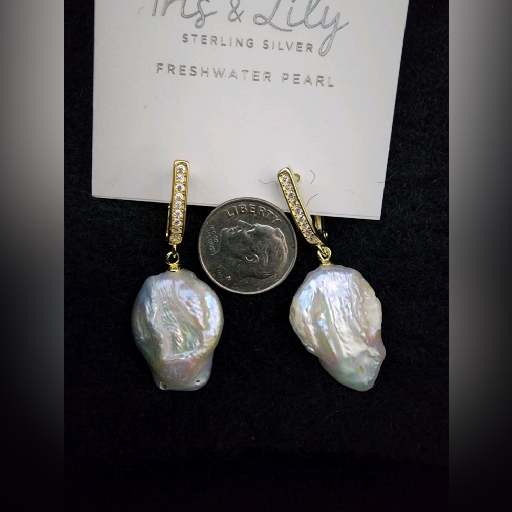Iris & Lily Sterling Silver Gold plated Hoop Freshwater Pearl &Crystals Earrings